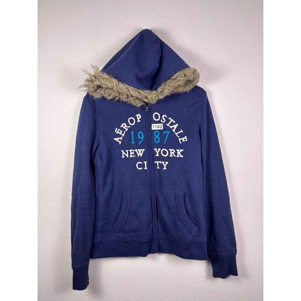 Aeropostale Blue Faux Fur Trim Sherpa Lined Full Zip Hoodie XL 1987 NYC Logo